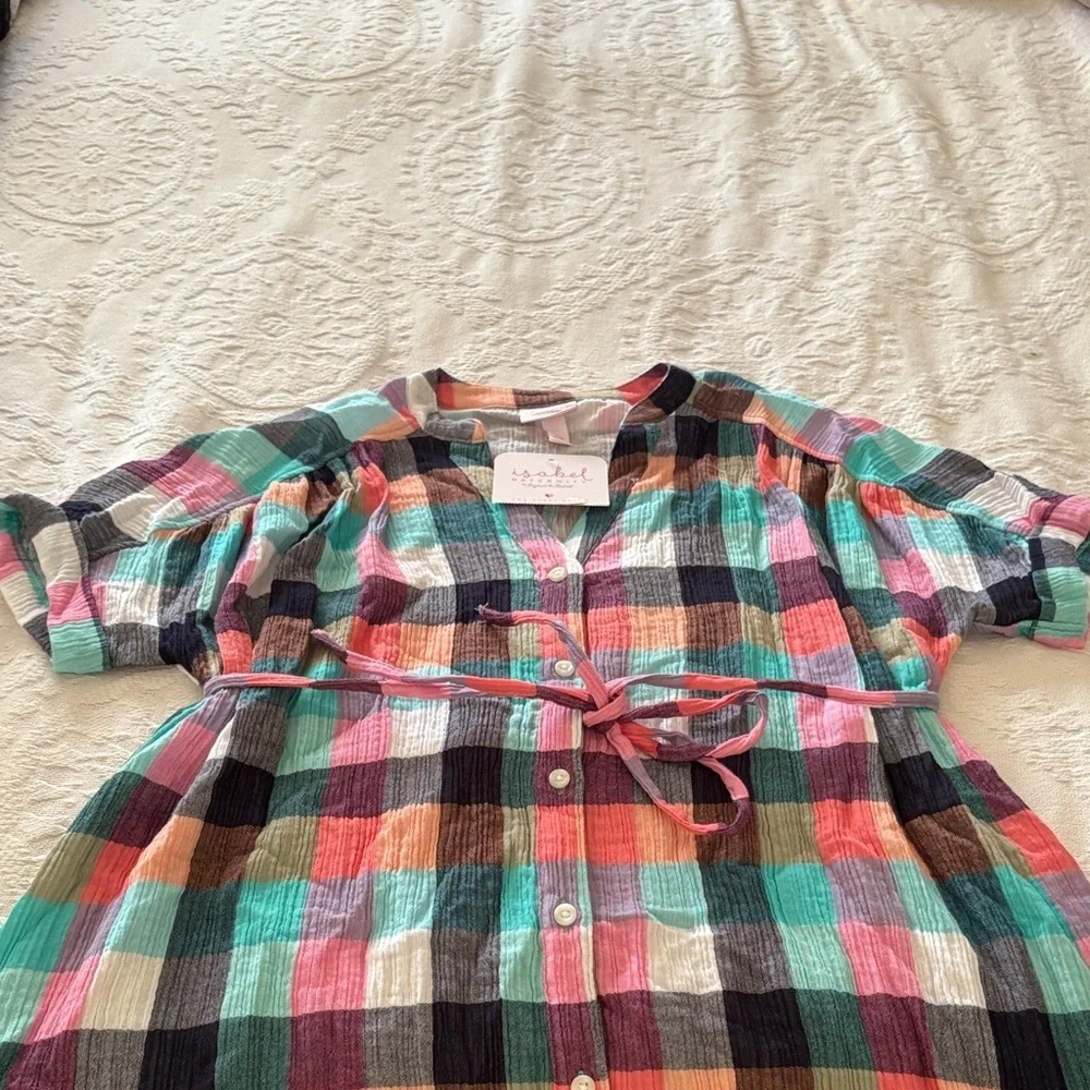 BNWT Isabel Maternity Dolman Colorful Plaid Button Up Shirt Tunic Dress